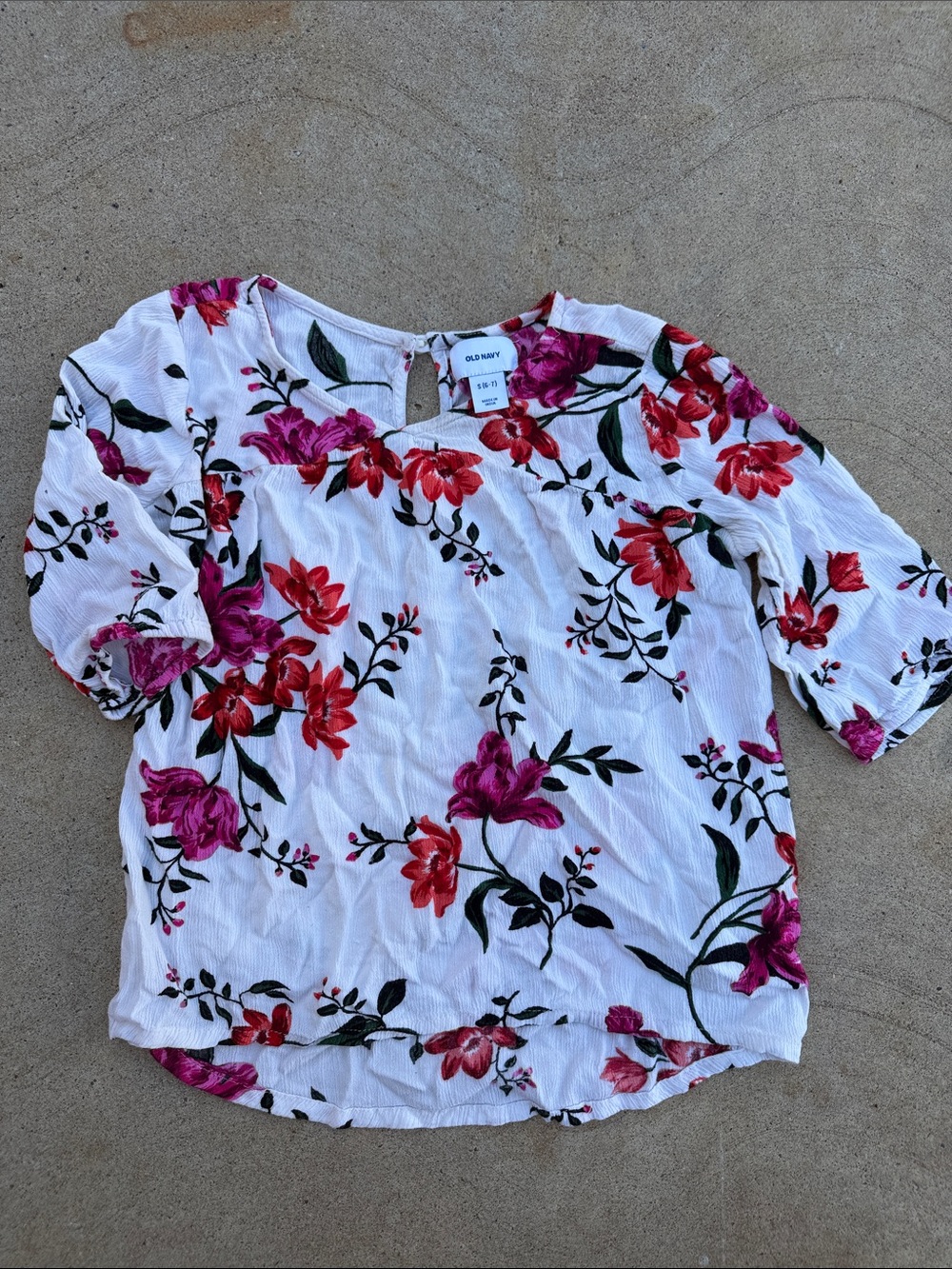 Old Navy White Floral Blouse - Pink & Red Bloom Print
